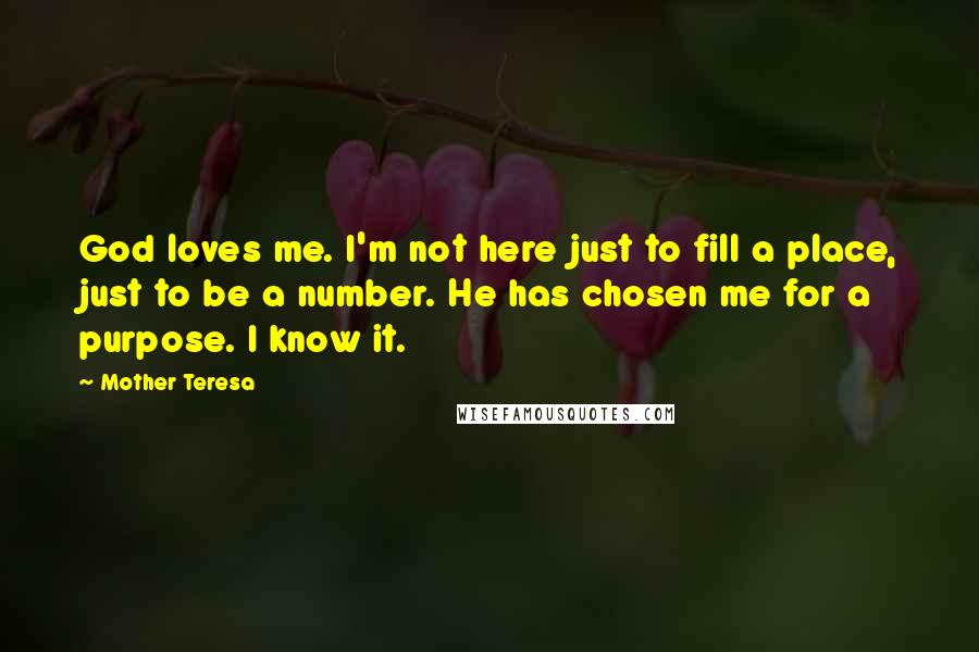 Mother Teresa Quotes: God loves me. I'm not here just to fill a place, just to be a number. He has chosen me for a purpose. I know it.