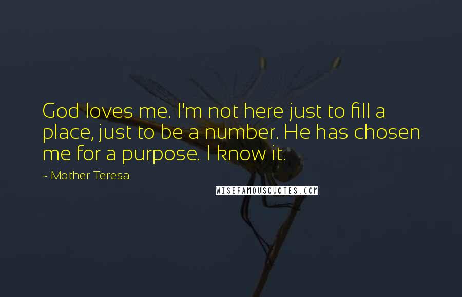 Mother Teresa Quotes: God loves me. I'm not here just to fill a place, just to be a number. He has chosen me for a purpose. I know it.