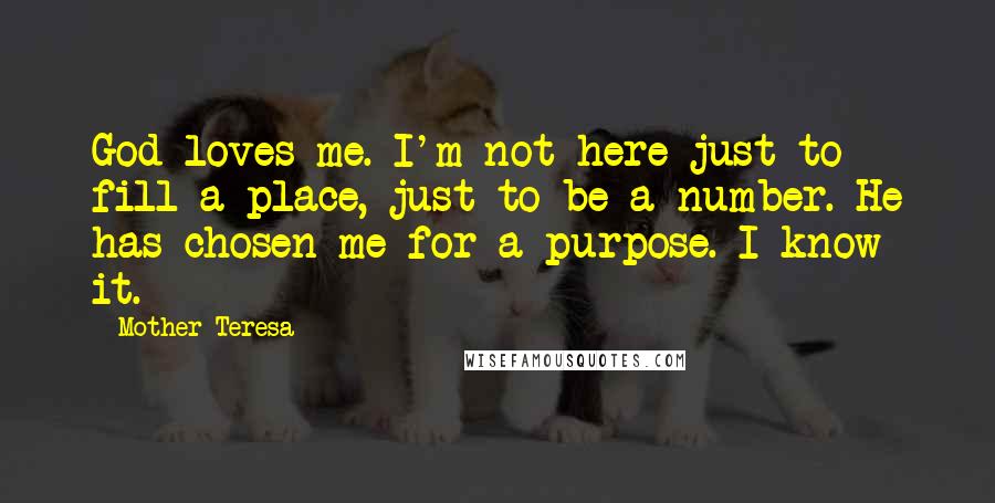 Mother Teresa Quotes: God loves me. I'm not here just to fill a place, just to be a number. He has chosen me for a purpose. I know it.