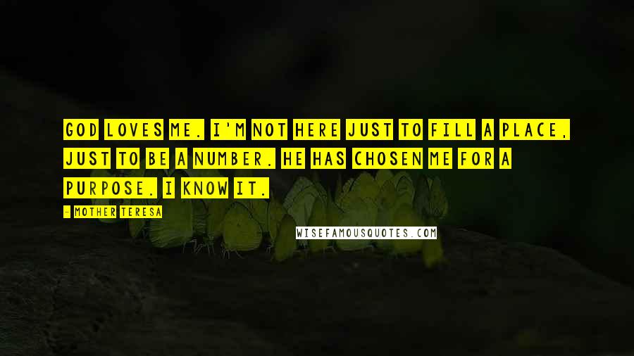 Mother Teresa Quotes: God loves me. I'm not here just to fill a place, just to be a number. He has chosen me for a purpose. I know it.