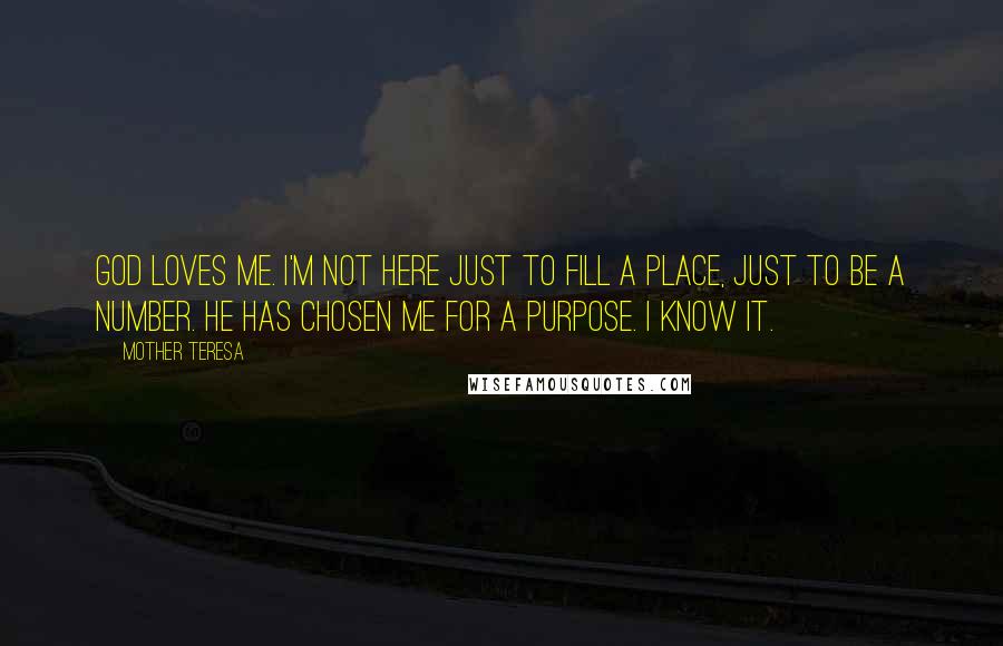Mother Teresa Quotes: God loves me. I'm not here just to fill a place, just to be a number. He has chosen me for a purpose. I know it.
