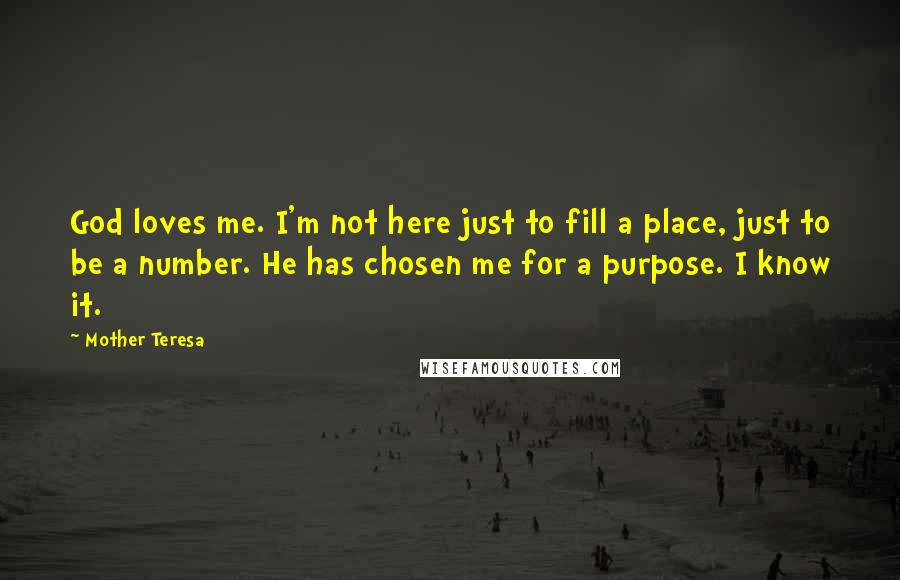 Mother Teresa Quotes: God loves me. I'm not here just to fill a place, just to be a number. He has chosen me for a purpose. I know it.
