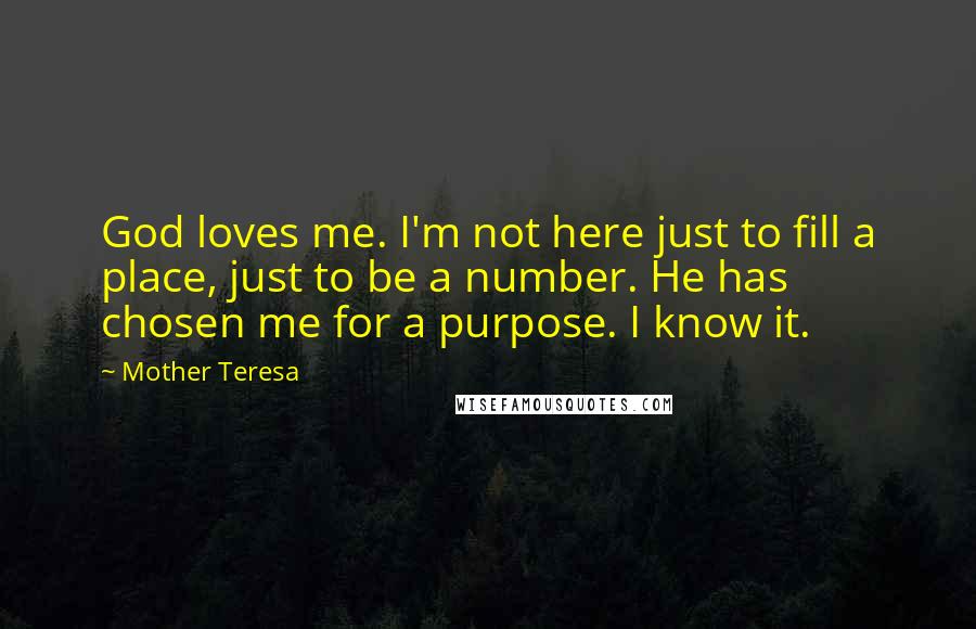 Mother Teresa Quotes: God loves me. I'm not here just to fill a place, just to be a number. He has chosen me for a purpose. I know it.