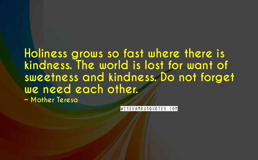 Mother Teresa Quotes: Holiness grows so fast where there is kindness. The world is lost for want of sweetness and kindness. Do not forget we need each other.