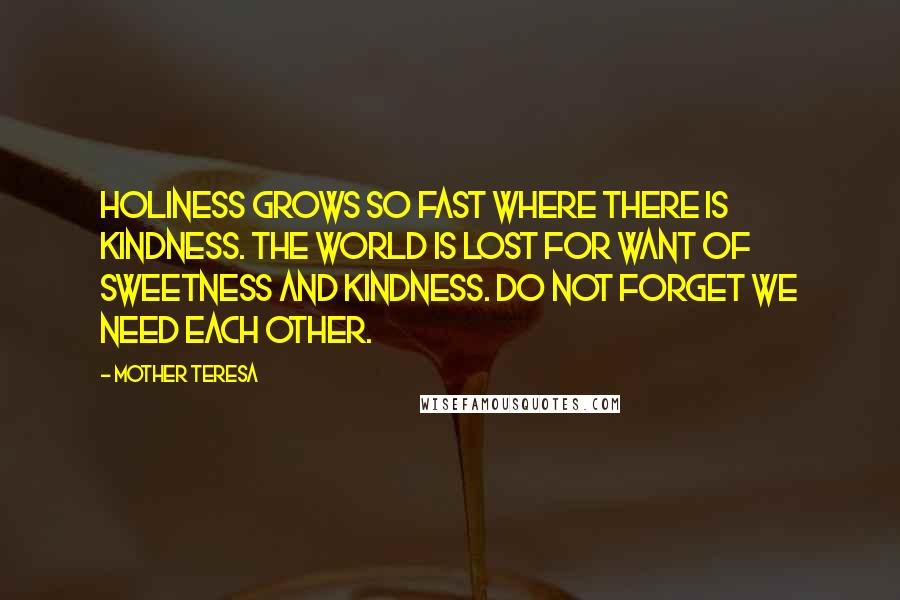 Mother Teresa Quotes: Holiness grows so fast where there is kindness. The world is lost for want of sweetness and kindness. Do not forget we need each other.