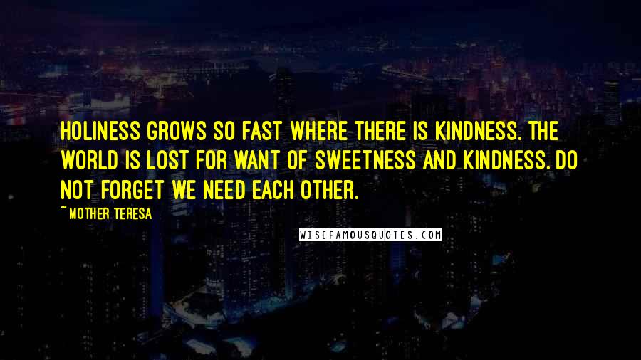 Mother Teresa Quotes: Holiness grows so fast where there is kindness. The world is lost for want of sweetness and kindness. Do not forget we need each other.