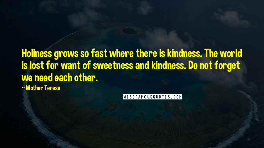 Mother Teresa Quotes: Holiness grows so fast where there is kindness. The world is lost for want of sweetness and kindness. Do not forget we need each other.