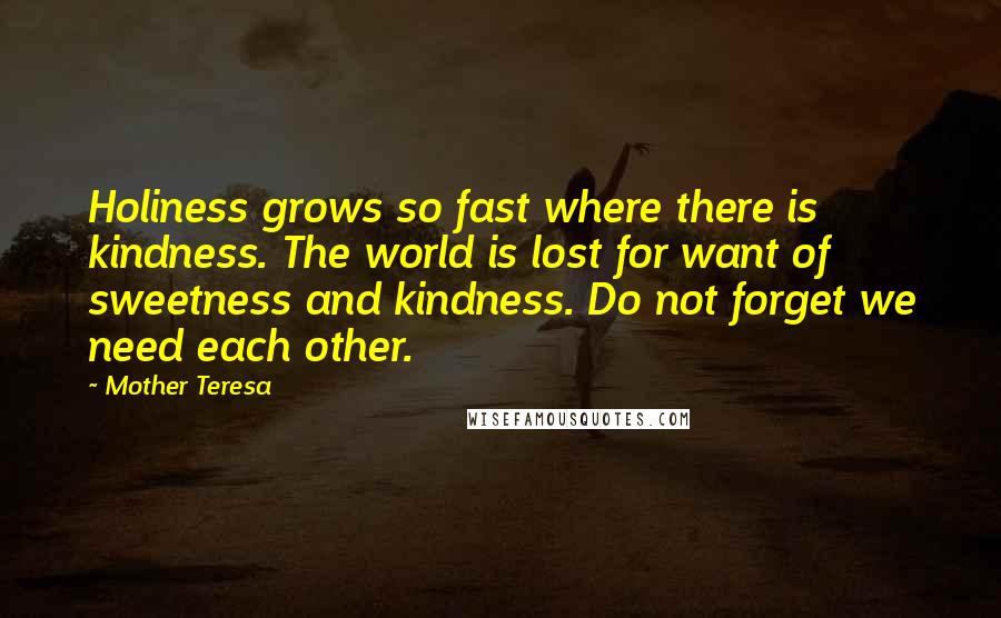 Mother Teresa Quotes: Holiness grows so fast where there is kindness. The world is lost for want of sweetness and kindness. Do not forget we need each other.