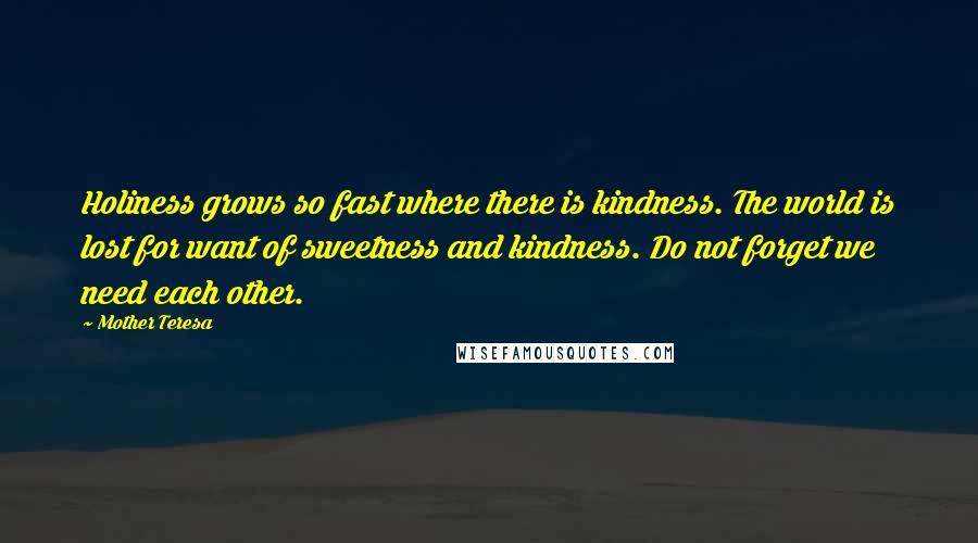 Mother Teresa Quotes: Holiness grows so fast where there is kindness. The world is lost for want of sweetness and kindness. Do not forget we need each other.