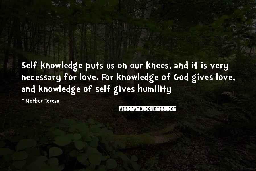 Mother Teresa Quotes: Self knowledge puts us on our knees, and it is very necessary for love. For knowledge of God gives love, and knowledge of self gives humility