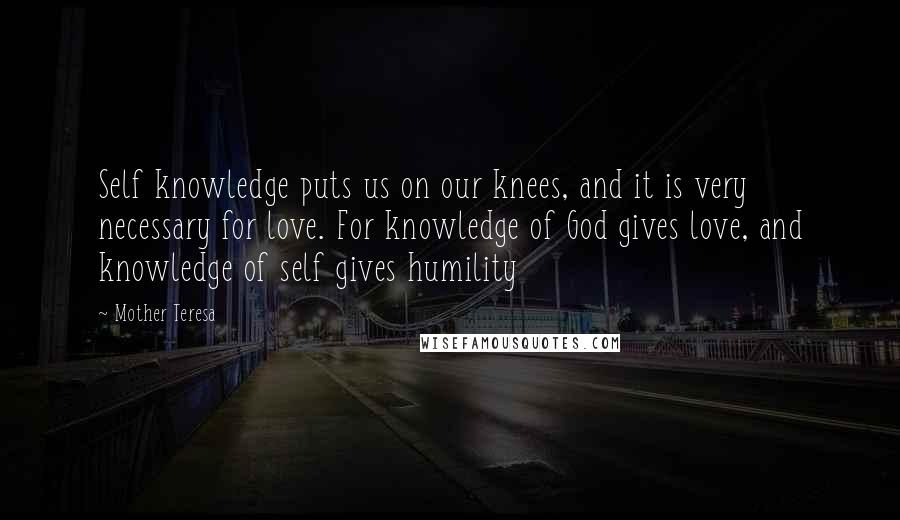 Mother Teresa Quotes: Self knowledge puts us on our knees, and it is very necessary for love. For knowledge of God gives love, and knowledge of self gives humility