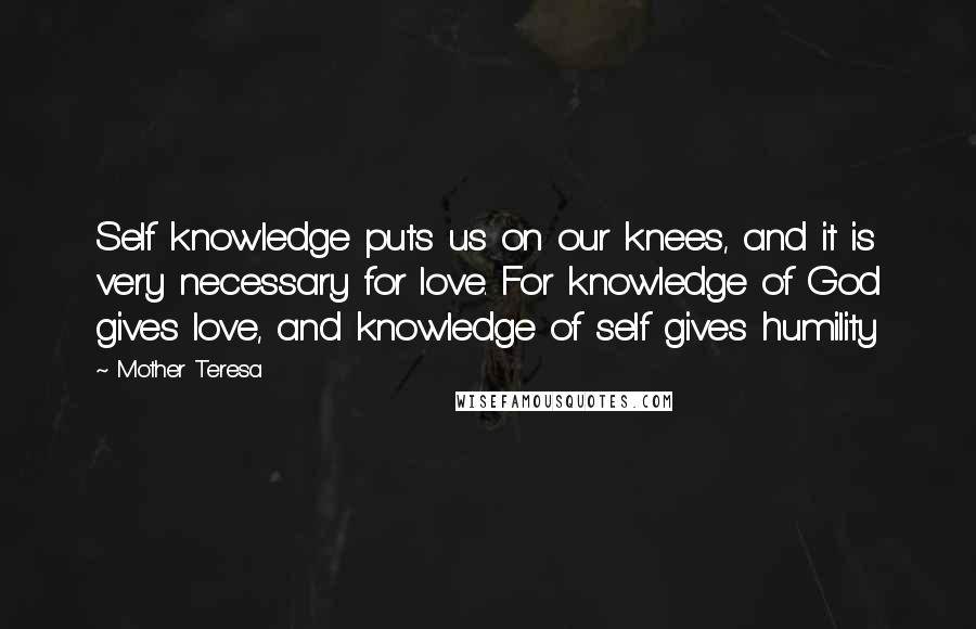 Mother Teresa Quotes: Self knowledge puts us on our knees, and it is very necessary for love. For knowledge of God gives love, and knowledge of self gives humility