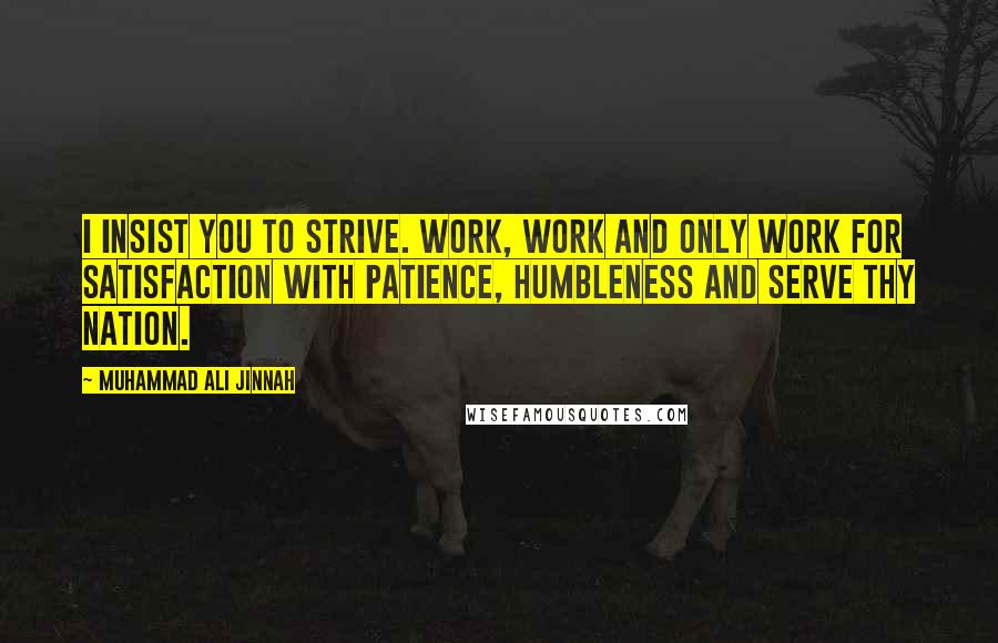Muhammad Ali Jinnah Quotes: I insist you to strive. Work, Work and only work for satisfaction with patience, humbleness and serve thy nation.