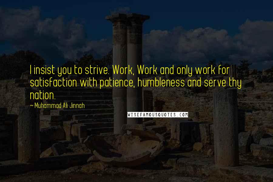 Muhammad Ali Jinnah Quotes: I insist you to strive. Work, Work and only work for satisfaction with patience, humbleness and serve thy nation.