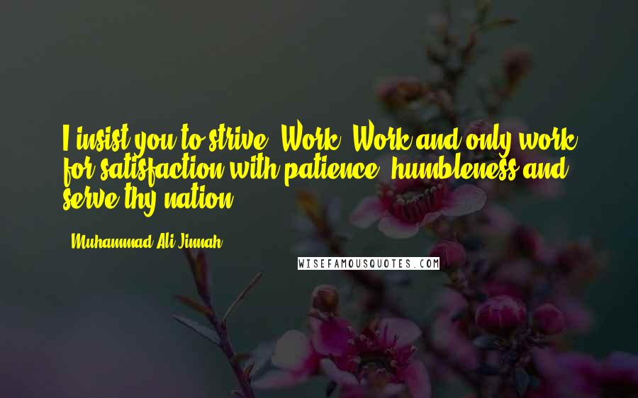 Muhammad Ali Jinnah Quotes: I insist you to strive. Work, Work and only work for satisfaction with patience, humbleness and serve thy nation.