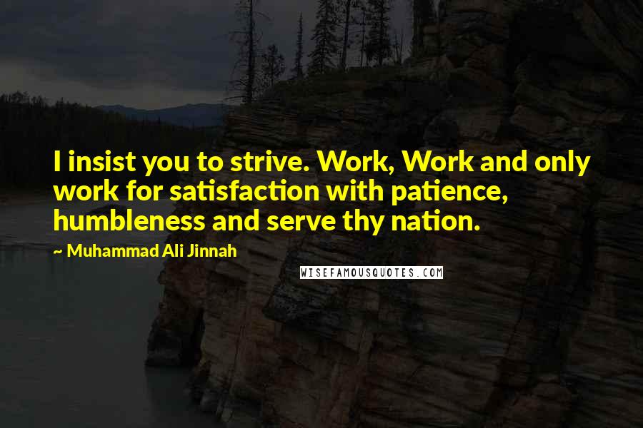 Muhammad Ali Jinnah Quotes: I insist you to strive. Work, Work and only work for satisfaction with patience, humbleness and serve thy nation.