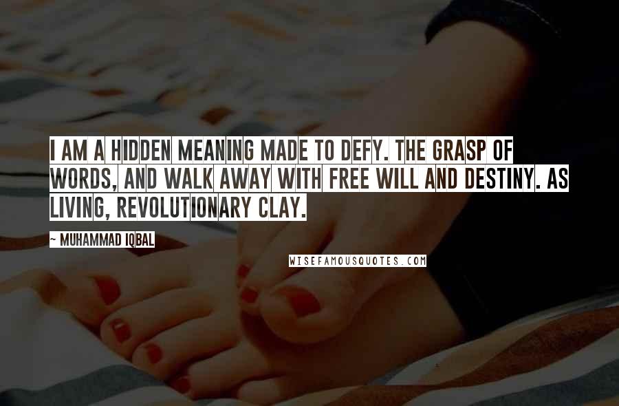 Muhammad Iqbal Quotes: I am a hidden meaning made to defy. The grasp of words, and walk away With free will and destiny. As living, revolutionary clay.