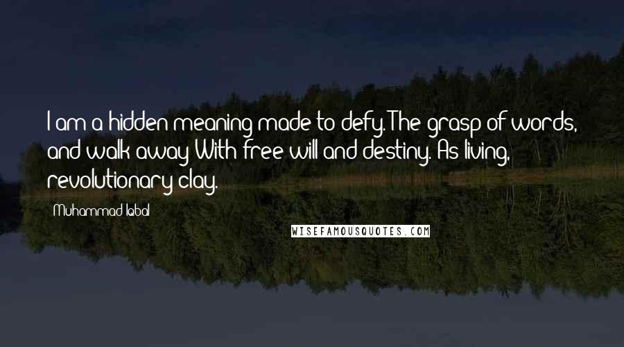 Muhammad Iqbal Quotes: I am a hidden meaning made to defy. The grasp of words, and walk away With free will and destiny. As living, revolutionary clay.