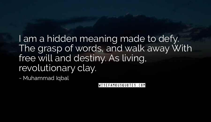 Muhammad Iqbal Quotes: I am a hidden meaning made to defy. The grasp of words, and walk away With free will and destiny. As living, revolutionary clay.