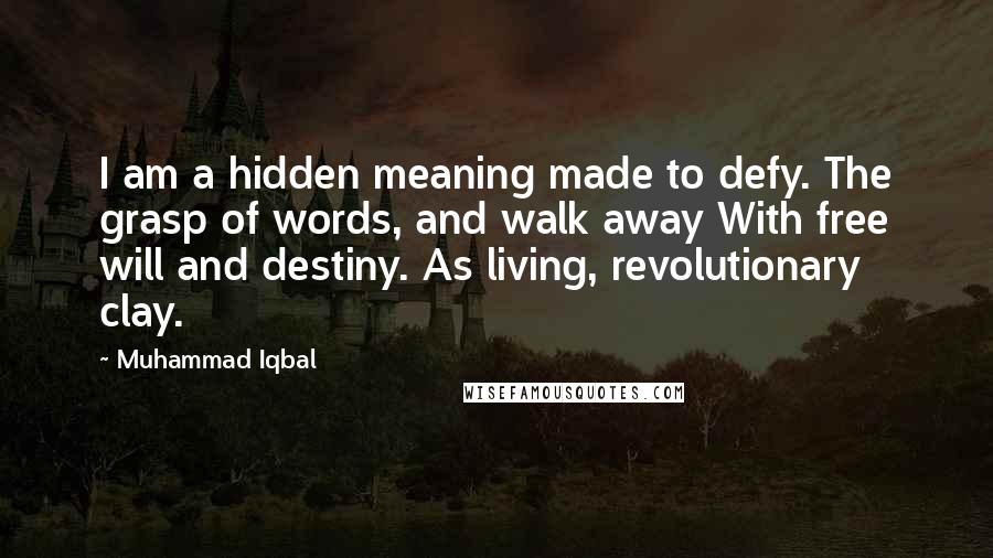 Muhammad Iqbal Quotes: I am a hidden meaning made to defy. The grasp of words, and walk away With free will and destiny. As living, revolutionary clay.