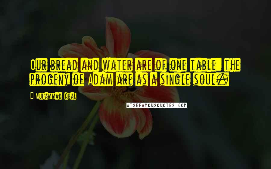 Muhammad Iqbal Quotes: Our bread and water are of one table: the progeny of Adam are as a single soul.