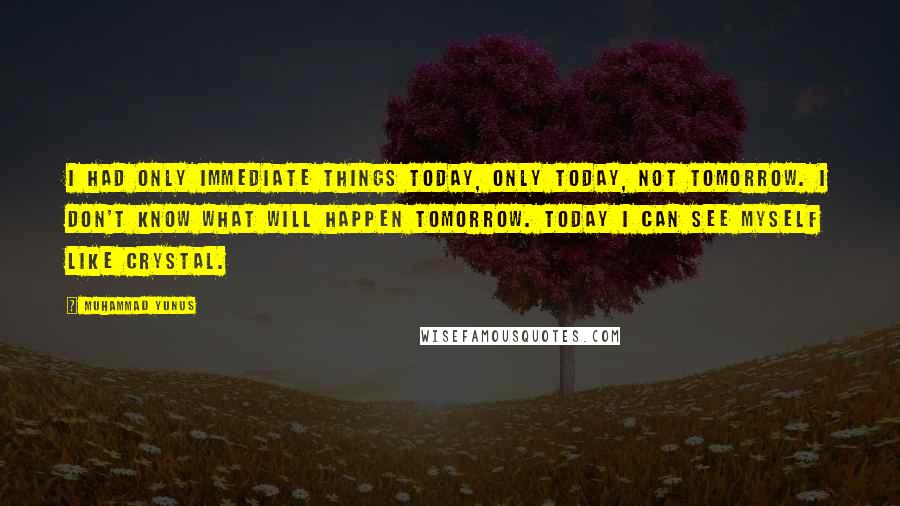 Muhammad Yunus Quotes: I had only immediate things today, only today, not tomorrow. I don't know what will happen tomorrow. Today I can see myself like crystal.