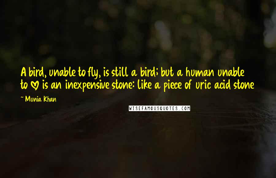 Munia Khan Quotes: A bird, unable to fly, is still a bird; but a human unable to love is an inexpensive stone: like a piece of uric acid stone