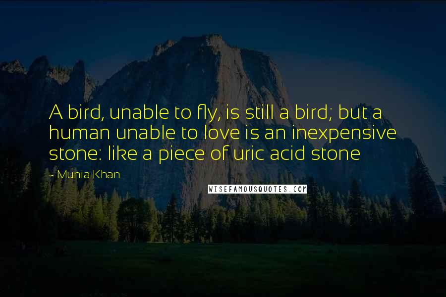 Munia Khan Quotes: A bird, unable to fly, is still a bird; but a human unable to love is an inexpensive stone: like a piece of uric acid stone