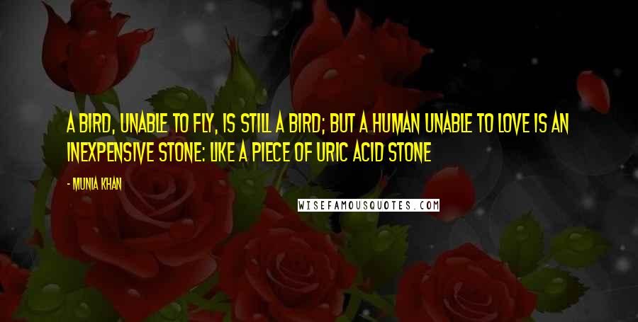 Munia Khan Quotes: A bird, unable to fly, is still a bird; but a human unable to love is an inexpensive stone: like a piece of uric acid stone