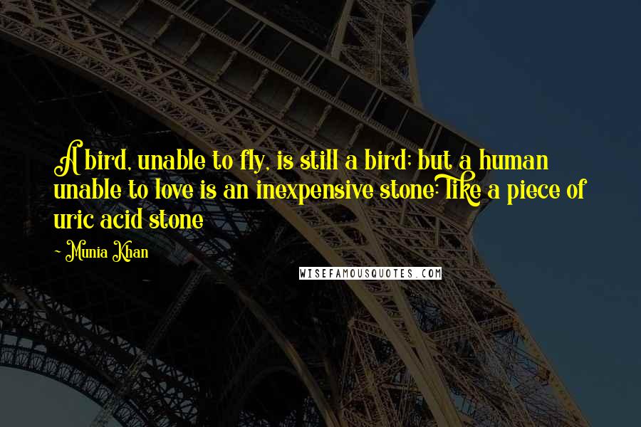 Munia Khan Quotes: A bird, unable to fly, is still a bird; but a human unable to love is an inexpensive stone: like a piece of uric acid stone