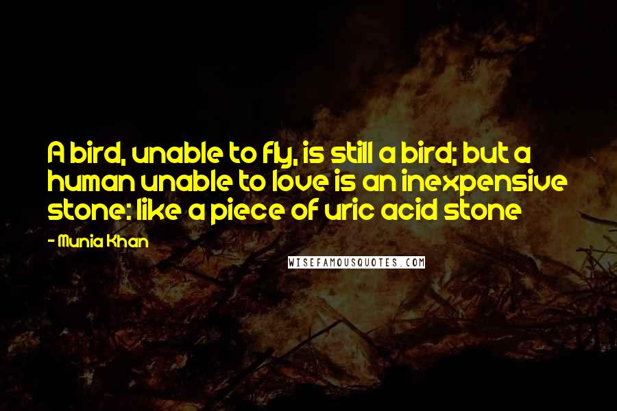 Munia Khan Quotes: A bird, unable to fly, is still a bird; but a human unable to love is an inexpensive stone: like a piece of uric acid stone