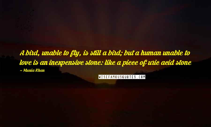 Munia Khan Quotes: A bird, unable to fly, is still a bird; but a human unable to love is an inexpensive stone: like a piece of uric acid stone