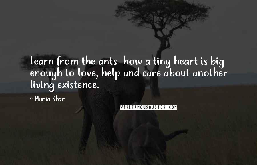 Munia Khan Quotes: Learn from the ants- how a tiny heart is big enough to love, help and care about another living existence.