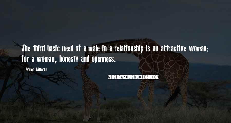 Myles Munroe Quotes: The third basic need of a male in a relationship is an attractive woman; for a woman, honesty and openness.