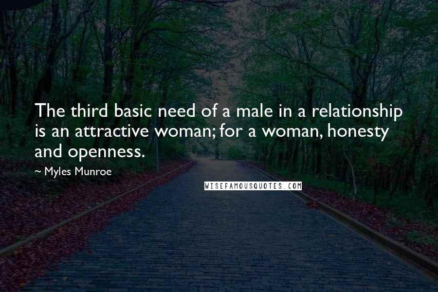 Myles Munroe Quotes: The third basic need of a male in a relationship is an attractive woman; for a woman, honesty and openness.