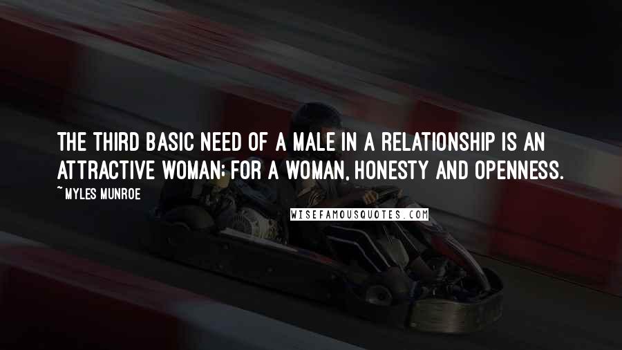 Myles Munroe Quotes: The third basic need of a male in a relationship is an attractive woman; for a woman, honesty and openness.