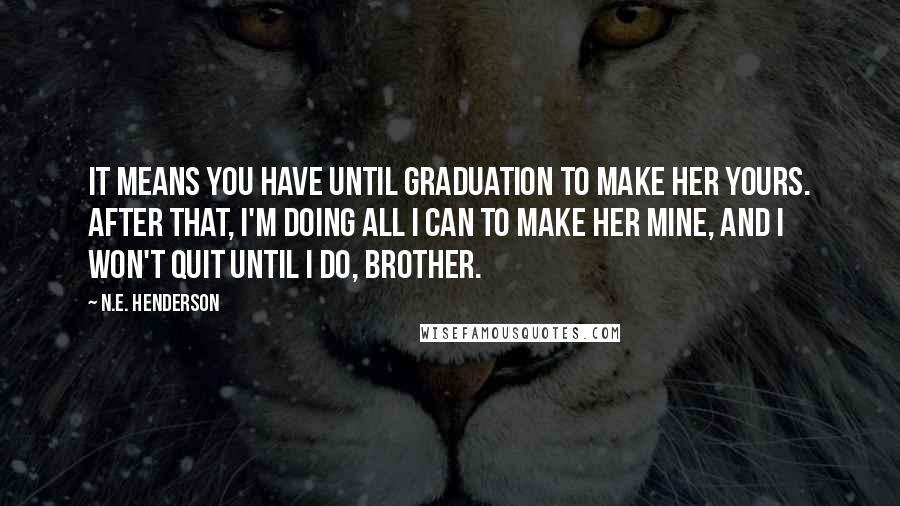 N.E. Henderson Quotes: It means you have until graduation to make her yours. After that, I'm doing all I can to make her mine, and I won't quit until I do, brother.