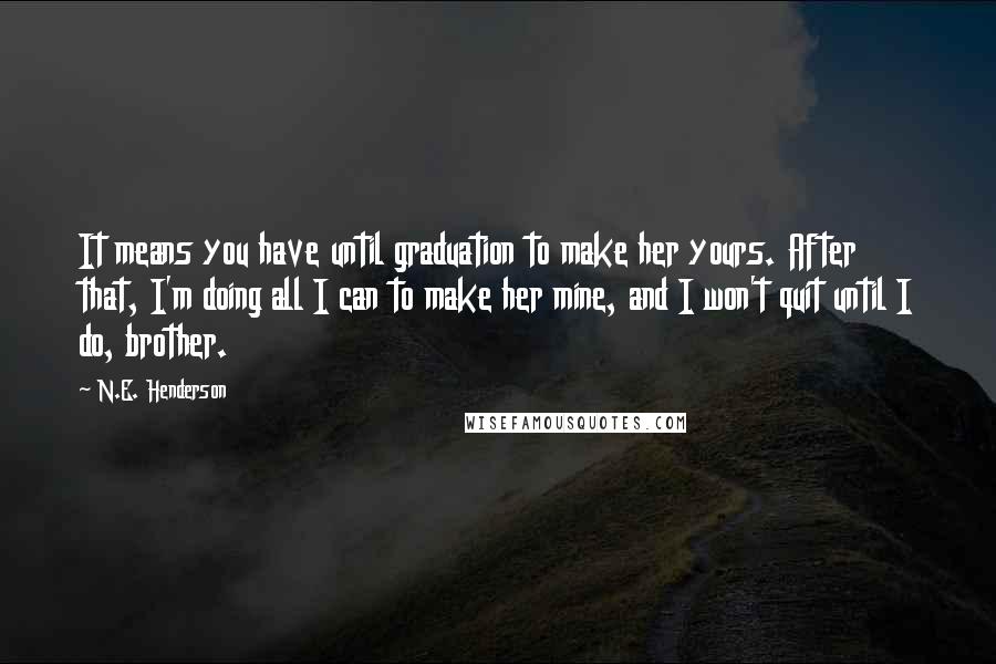 N.E. Henderson Quotes: It means you have until graduation to make her yours. After that, I'm doing all I can to make her mine, and I won't quit until I do, brother.
