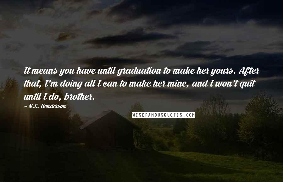 N.E. Henderson Quotes: It means you have until graduation to make her yours. After that, I'm doing all I can to make her mine, and I won't quit until I do, brother.