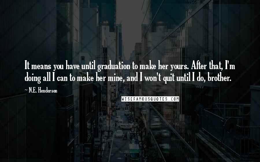 N.E. Henderson Quotes: It means you have until graduation to make her yours. After that, I'm doing all I can to make her mine, and I won't quit until I do, brother.