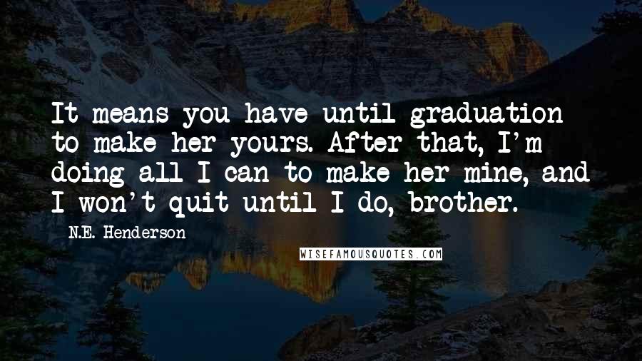 N.E. Henderson Quotes: It means you have until graduation to make her yours. After that, I'm doing all I can to make her mine, and I won't quit until I do, brother.