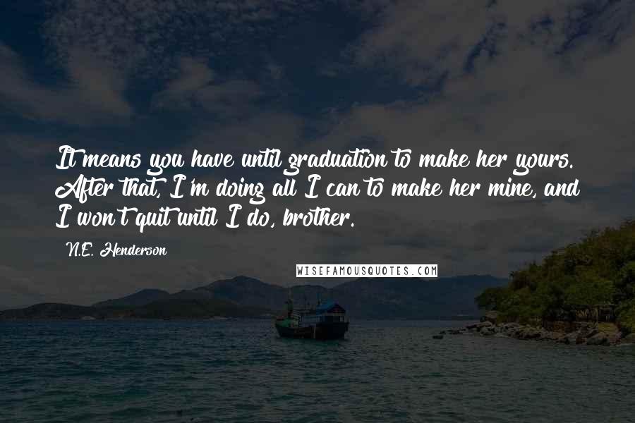 N.E. Henderson Quotes: It means you have until graduation to make her yours. After that, I'm doing all I can to make her mine, and I won't quit until I do, brother.