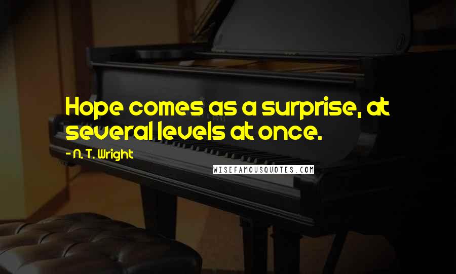 N. T. Wright Quotes: Hope comes as a surprise, at several levels at once.