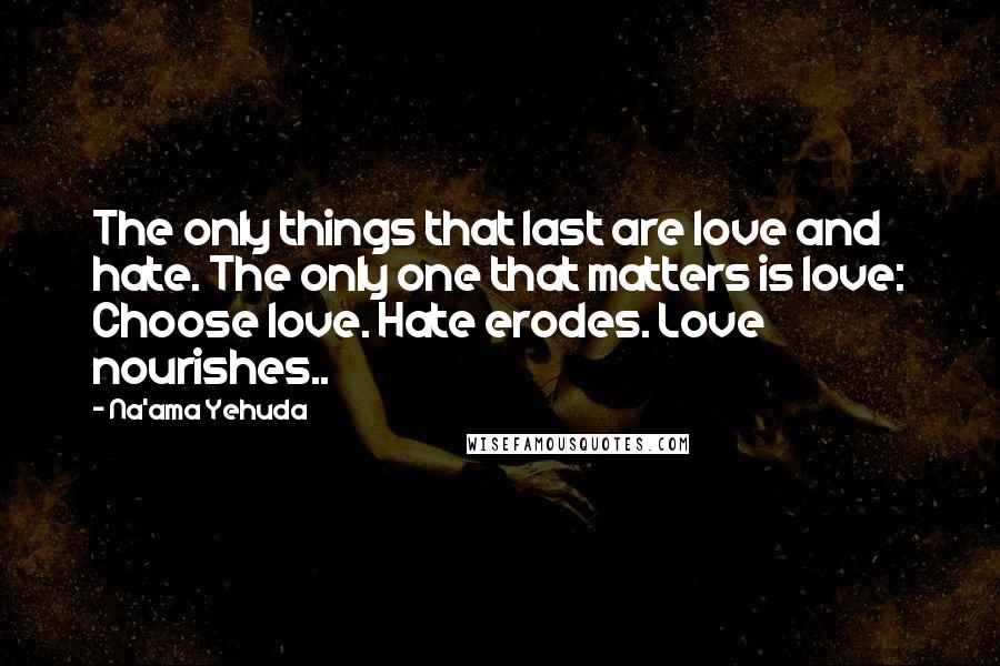 Na'ama Yehuda Quotes: The only things that last are love and hate. The only one that matters is love: Choose love. Hate erodes. Love nourishes..