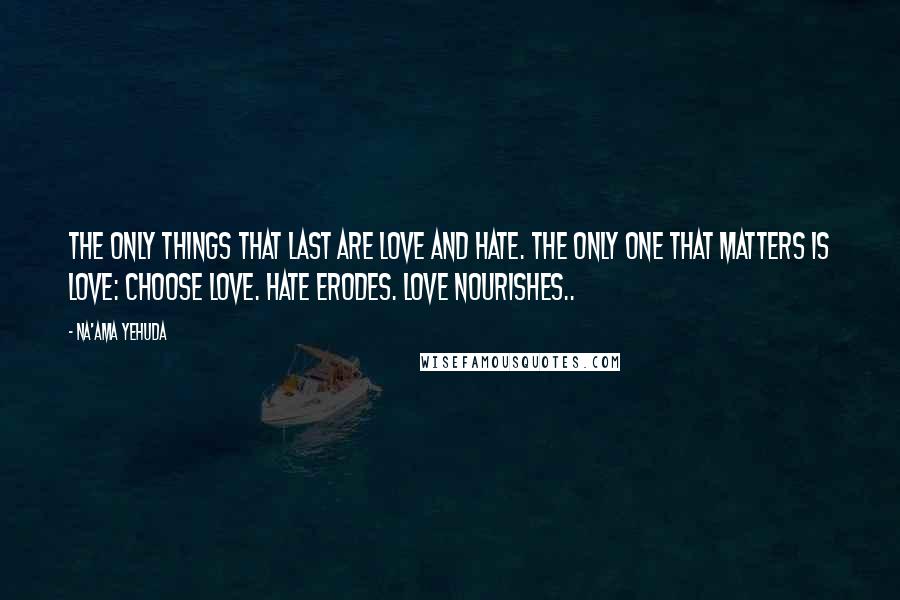 Na'ama Yehuda Quotes: The only things that last are love and hate. The only one that matters is love: Choose love. Hate erodes. Love nourishes..