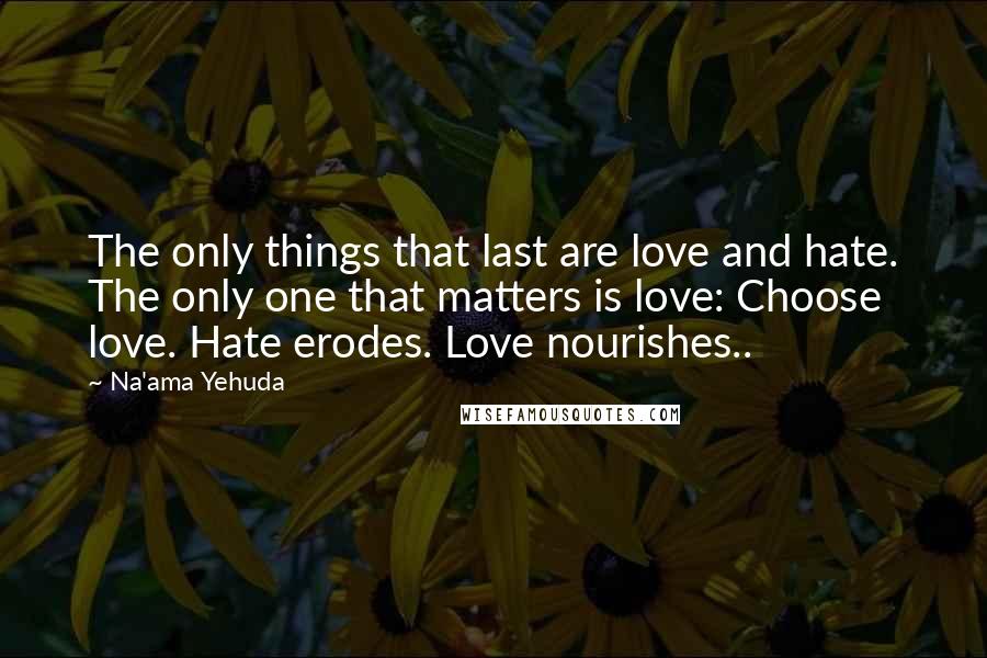 Na'ama Yehuda Quotes: The only things that last are love and hate. The only one that matters is love: Choose love. Hate erodes. Love nourishes..