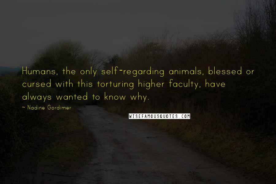 Nadine Gordimer Quotes: Humans, the only self-regarding animals, blessed or cursed with this torturing higher faculty, have always wanted to know why.