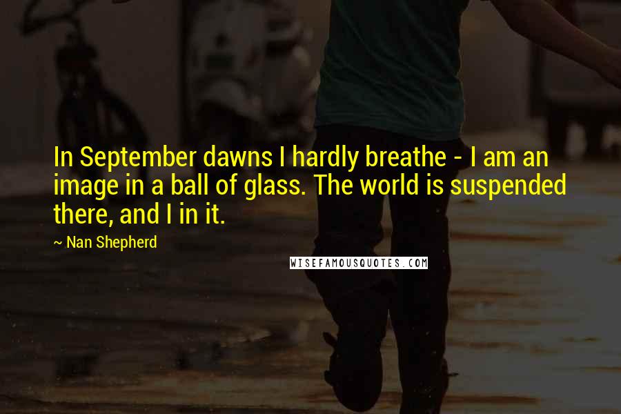 Nan Shepherd Quotes: In September dawns I hardly breathe - I am an image in a ball of glass. The world is suspended there, and I in it.