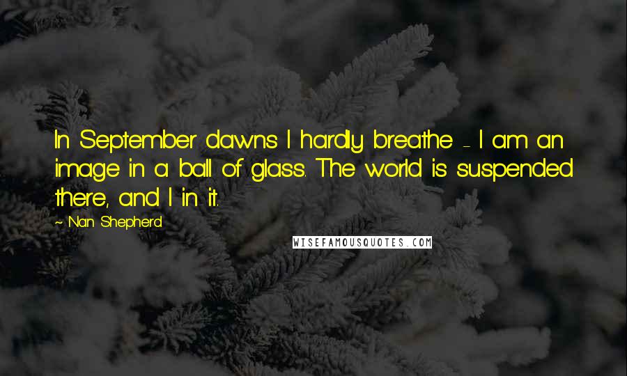 Nan Shepherd Quotes: In September dawns I hardly breathe - I am an image in a ball of glass. The world is suspended there, and I in it.
