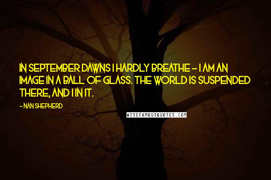 Nan Shepherd Quotes: In September dawns I hardly breathe - I am an image in a ball of glass. The world is suspended there, and I in it.